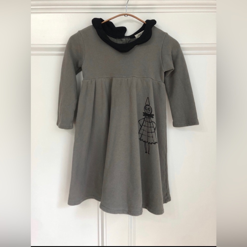 Gray Long-Sleeve Casual Dress with Black Ruffle Collar 4/5